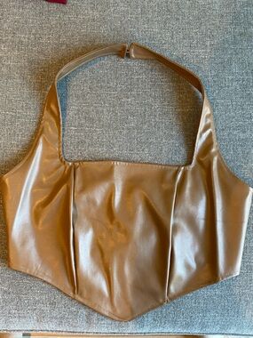 Brown Faux Leather Halter Top Open Back Zip Back Going Out